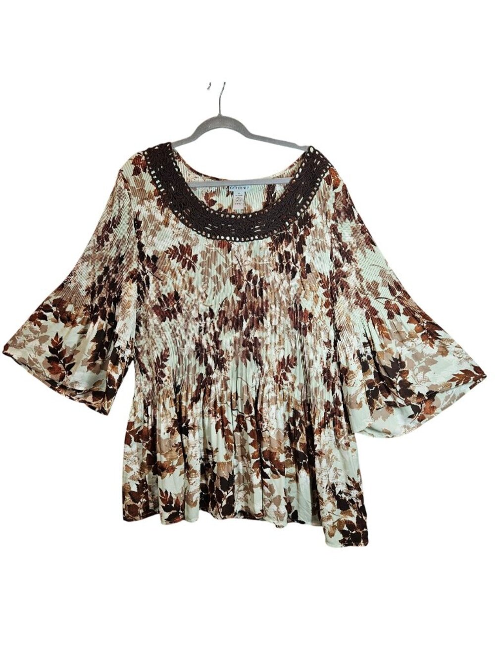 Catherines Womens 4X Brown Leaf Print Pleated Blouse Crochet Neck bell sleeves